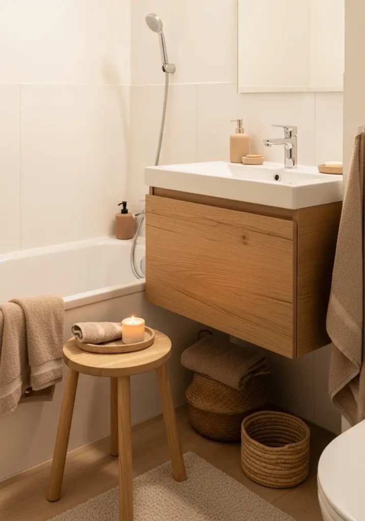 Tiny apartment bathroom with light wood stool beside bathtub, oak floating vanity, creamy white walls, soft beige towels, tiny candle tray, neutral woven baskets, warm natural lighting, minimalist feminine apartment styling, clean uncluttered counters, realistic cozy bathroom interior photography, pale ceramic decor, modern renter friendly makeover inspiration, calm earthy textures, soft shadows, airy compact bathroom layout with elegant Scandinavian inspired styling