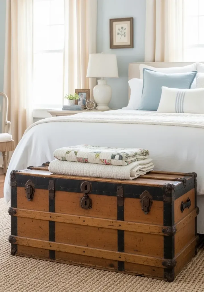 Clean minimal vintage Americana bedroom with antique wooden trunk at foot of bed, white bedding, faded quilt, cream curtains, soft blue wall art, warm brass lamp, woven rug, rustic wood floor, gentle natural light, calm country cottage mood, tidy antique styling.