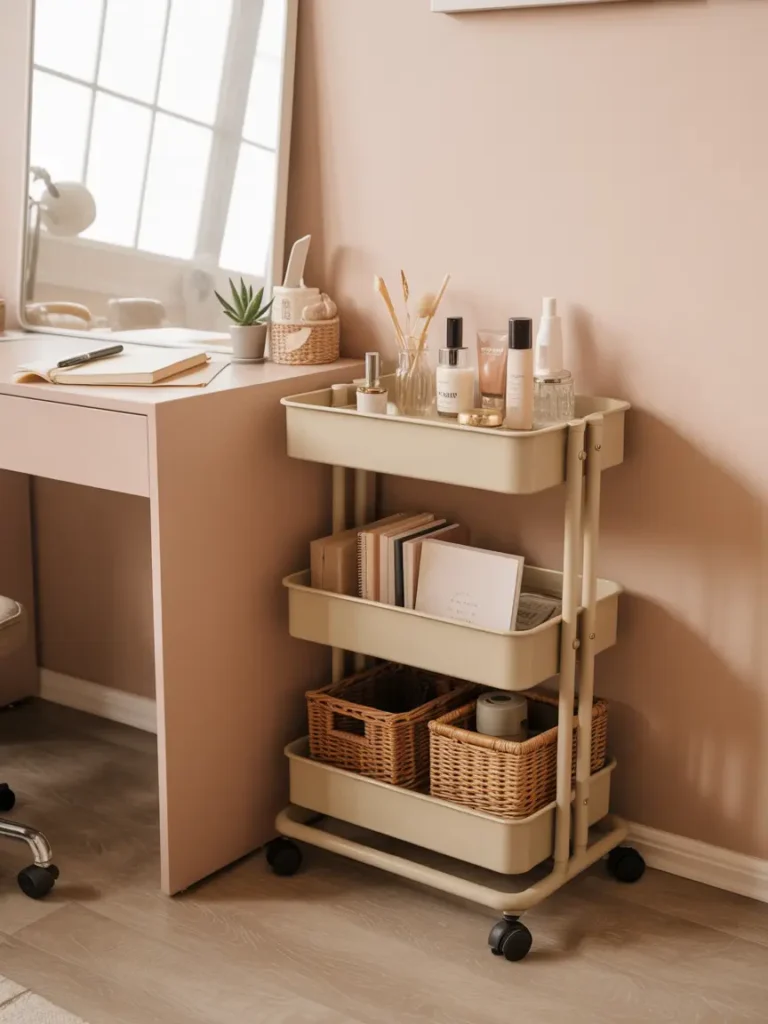Cozy feminine studio apartment with a slim cream rolling cart beside a small desk, styled with beauty products, notebooks, woven mini baskets, a tiny plant, soft beige wall, light wood floor, minimal decor, gentle daylight, clean movable storage setup.