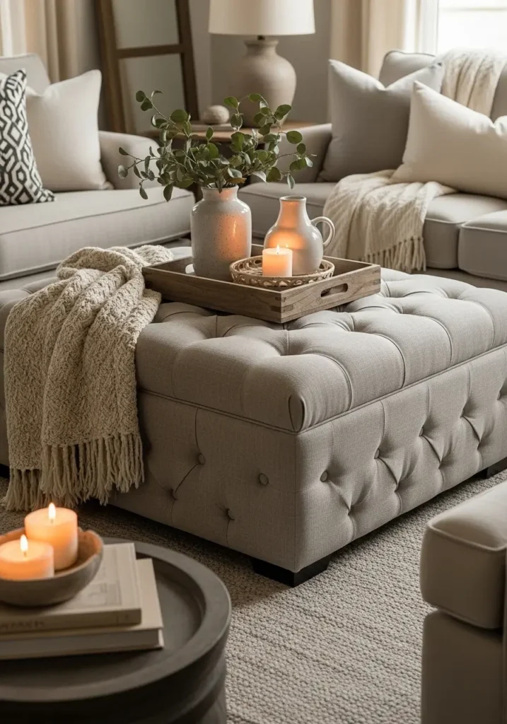 Soft farmhouse living room with oversized tufted ottoman in warm beige fabric, rustic wood tray on top, cream slipcovered sofa, layered neutral pillows, soft natural sunlight, woven baskets, light wood flooring, cozy knit blankets, rustic farmhouse decor, airy minimal styling, elegant feminine atmosphere, realistic interior photography, warm earthy tones, vintage-inspired details, clean uncluttered layout, calm welcoming mood, soft linen curtains, textured rug beneath ottoman


