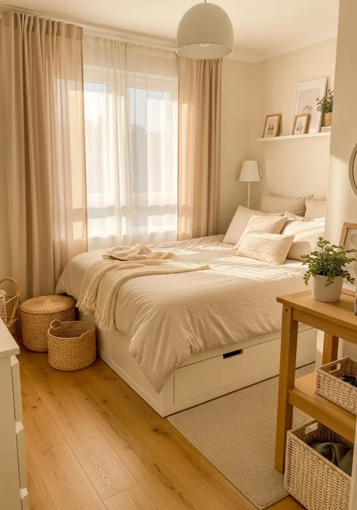 Minimal small apartment bedroom with hidden under bed storage drawers, cream bedding, clean modern furniture, soft neutral tones, cozy apartment styling, woven baskets, light oak flooring, airy feminine decor, compact layout, organized tiny bedroom, warm natural light through sheer curtains, calm clutter free atmosphere with simple elegant textures


