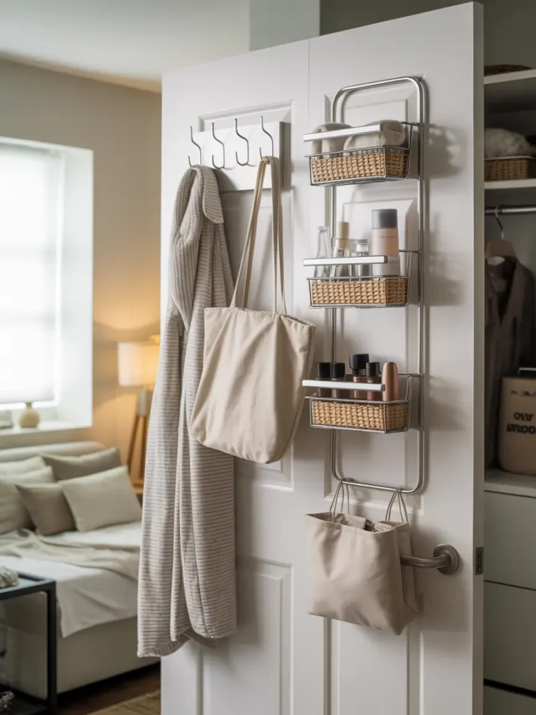 Clean studio apartment with white over door storage rack hidden behind a closet door, neatly arranged scarves, small bags, beauty pouches, and soft baskets, neutral beige room tones, minimal feminine styling, warm light, tidy space saving storage detail.