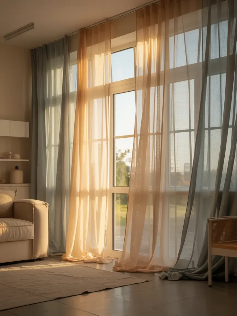 Sheer, light curtains flowing gently by the window, allowing natural light to flood the room and create an airy, breezy feel.