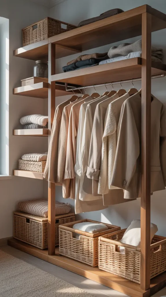 Minimal open closet in a feminine studio apartment with matching slim velvet hangers, soft neutral clothing arranged by color, small woven baskets on top shelf, white closet frame, warm beige wall, clean organized styling, gentle daylight, calm boutique inspired room mood.