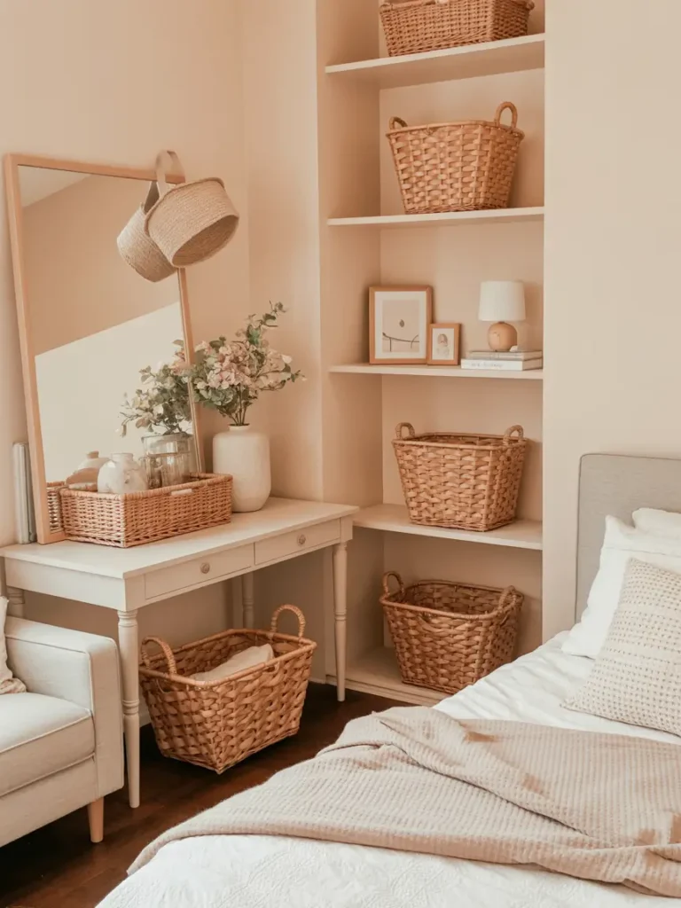 Cozy feminine studio apartment with matching woven baskets under a console table, beside a cream sofa, near the bed, and on open shelves. Soft beige and ivory color palette, folded throws, clean minimal decor, warm natural light, calm tidy room with cozy textures.
