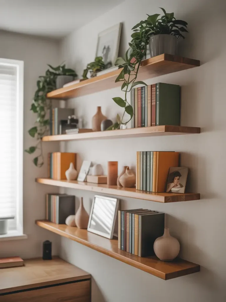 Floating shelves along the wall with neatly arranged books, small plants, and decorative items, keeping things organized and visually appealing.