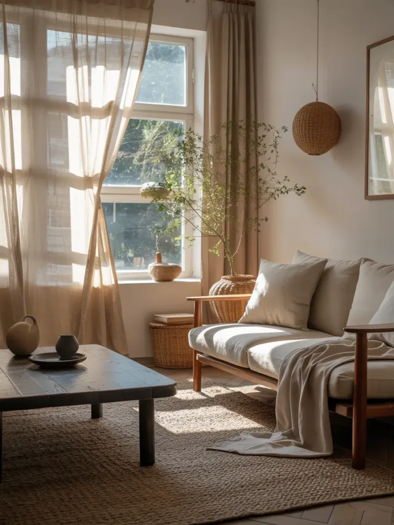 Japandi living room with sheer linen curtains moving softly near window, neutral sofa, wooden furniture, woven rug textures, natural sunlight glowing through fabric, Pinterest-style interior photography capturing airy peaceful atmosphere.

