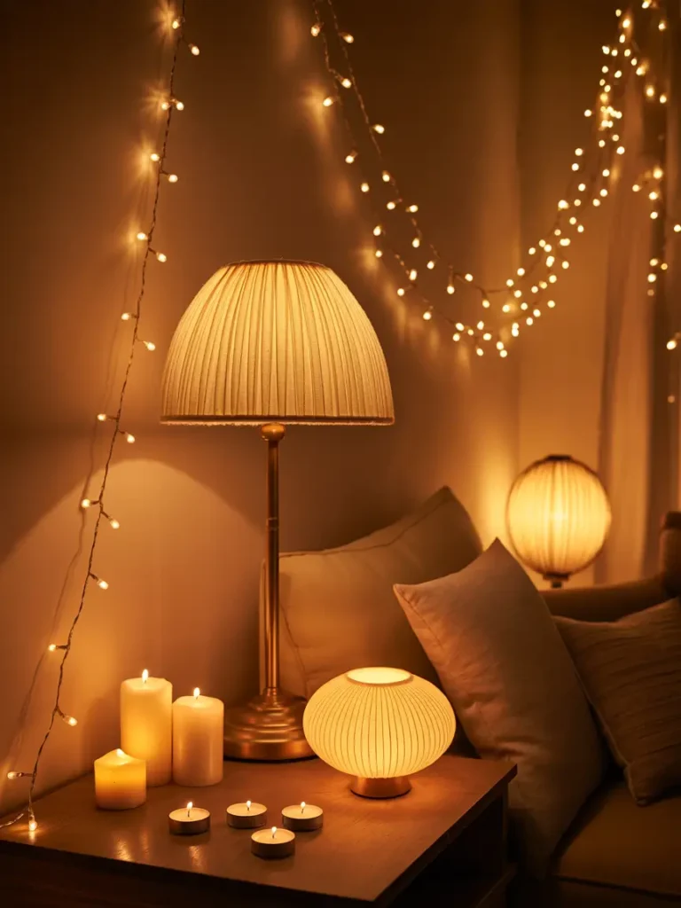 Soft, ambient lighting with string lights, a few floor lamps, and some candles in a small space. Warm tones create a calm and inviting atmosphere.