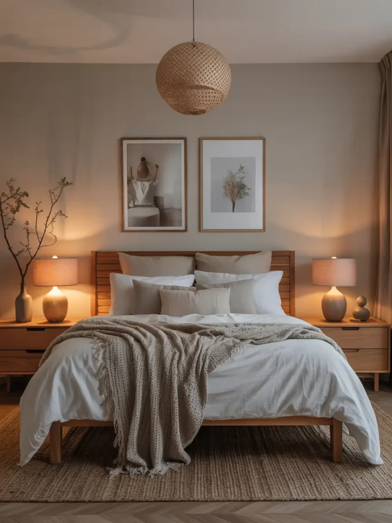 Japandi bedroom styled with symmetrical bedside tables and lamps, neutral bedding layers, wooden furniture accents, soft evening lighting glow, minimal decor styling, Pinterest-inspired interior photography capturing balanced peaceful environment.


