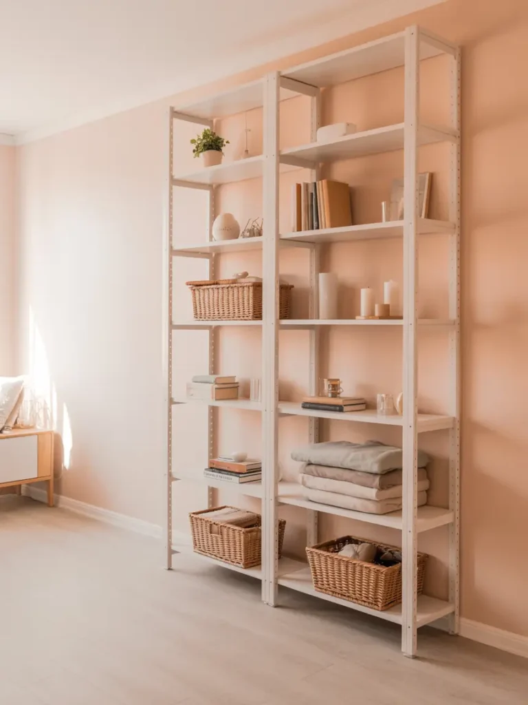 Clean minimal studio apartment with tall white vertical shelves against a soft beige wall, styled with woven baskets, folded blankets, small books, candles, and tiny green plants. Warm daylight, calm feminine mood, light wood flooring, soft neutral tones, airy open layout, tidy cozy styling.