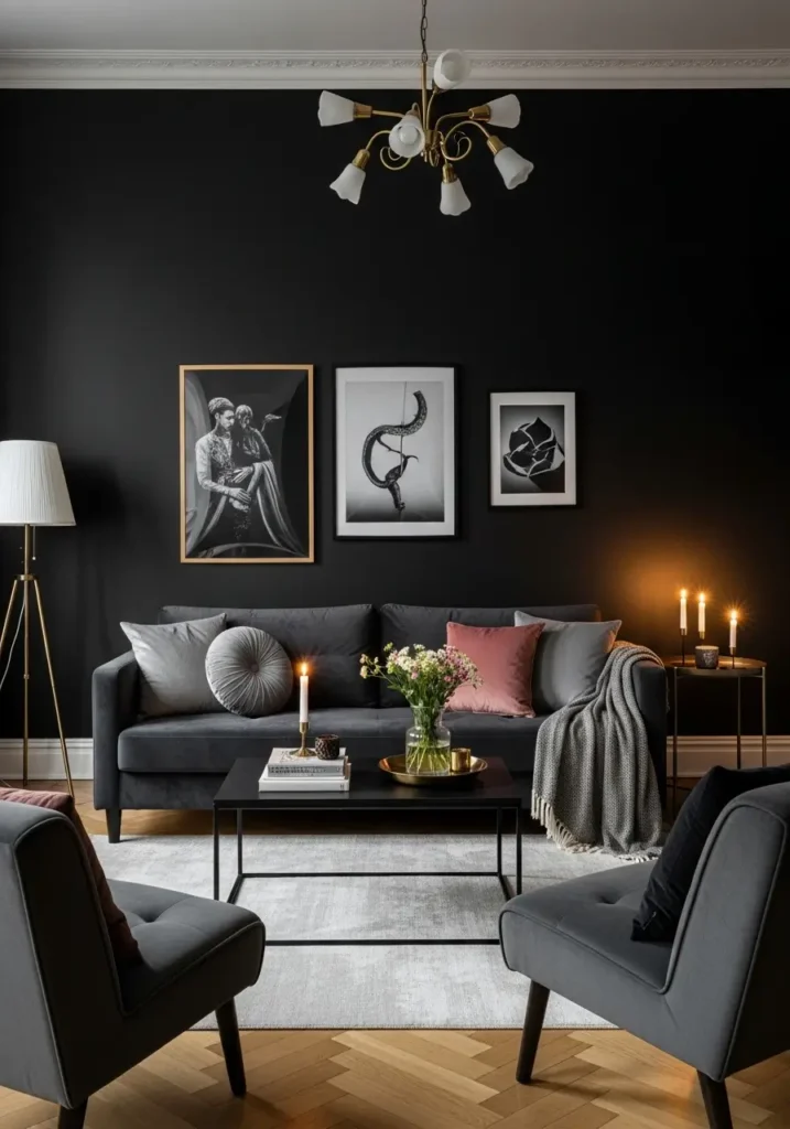Clean minimal goth apartment living room with velvet black walls, soft charcoal sofa, simple round coffee table, warm cream rug, low golden lamp light, black framed wall art, small candles on a tray, smooth shadows, cozy feminine mood, uncluttered space, elegant dark interior styling.