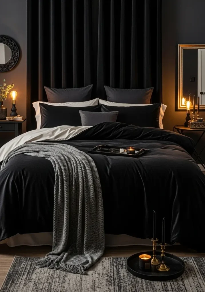 Minimal romantic goth bedroom with soft black velvet bedding, charcoal walls, warm candlelight, vintage dark wood nightstands, flowing sheer curtains, muted cream accents, layered pillows, cozy atmosphere, subtle gothic decor, elegant minimal styling, soft shadows, clean layout, feminine dark aesthetic, warm ambient lighting, realistic textures, intimate cozy bedroom design for couples

