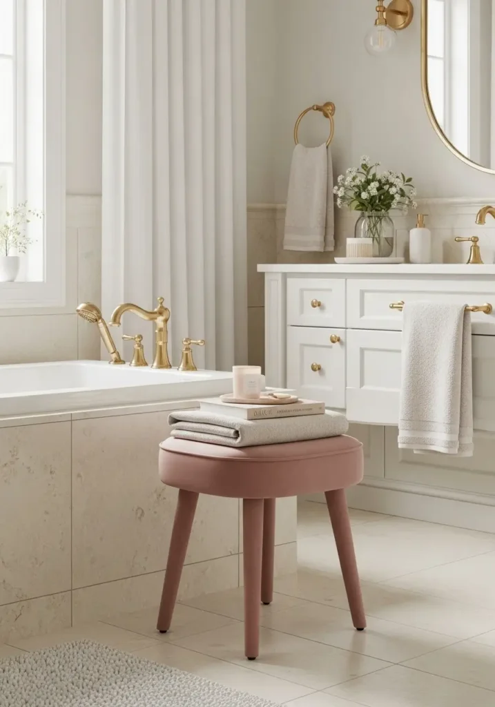 Clean minimal luxury bathroom with a small blush velvet stool beside a freestanding tub, cream stone floor, soft white curtains, gold bath faucet, pale flowers, folded towel, warm natural light, uncluttered modern feminine decor, romantic spa inspired interior.