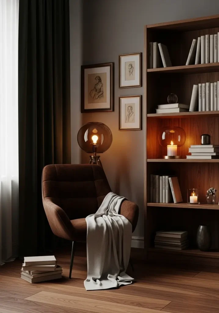 Moody dark academia apartment corner with deep brown velvet reading chair beside tall wooden bookshelf, warm amber lamp lighting, stacked vintage books, soft cream throw blanket, dark green curtains, walnut wood flooring, framed antique sketches, candle glow, minimal feminine styling, cozy apartment atmosphere, warm shadows, clean composition, realistic textures, soft neutral tones mixed with deep brown accents, elegant old library feeling with calm peaceful mood

