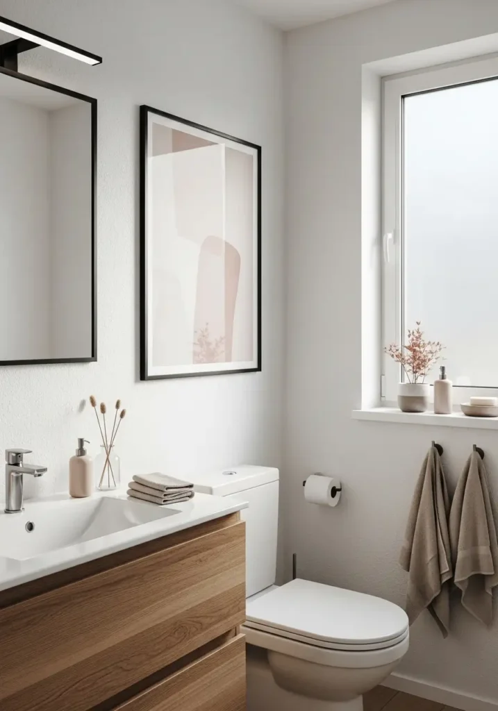 Tiny apartment bathroom with vertical wall art prints in soft neutral tones, modern minimal artwork, slim black frames, white textured walls, warm wooden vanity, soft linen hand towels, feminine cozy styling, natural sunlight through frosted window, clean apartment decor aesthetic, calm spa inspired atmosphere, realistic interior photography, uncluttered bathroom wall styling, soft shadows, elegant and airy mood, modern Scandinavian inspired bathroom with balanced minimal decor

