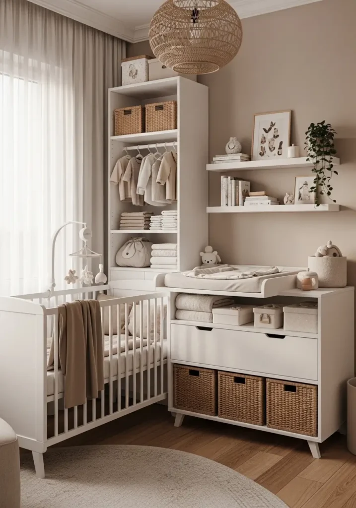 Tiny apartment nursery with tall slim storage cabinet beside compact crib, soft beige and cream decor palette, floating shelves, woven storage bins, warm apartment lighting, cozy textured rug, Scandinavian inspired baby room, realistic minimal nursery styling, airy uncluttered layout, elegant feminine decor, natural sunlight through sheer curtains, peaceful small nursery atmosphere photography

