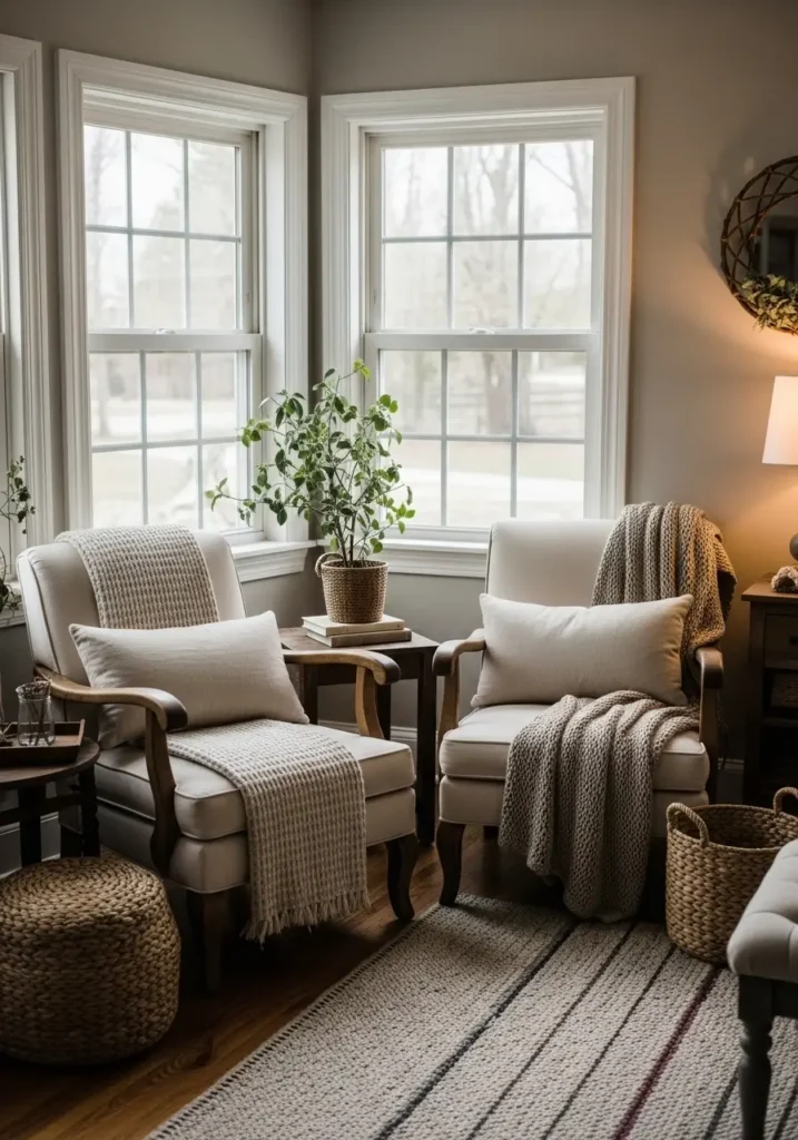 Warm farmhouse living room corner with vintage accent chair in soft cream fabric, distressed wood frame, cozy knit blanket draped over side, antique side table, warm sunlight through white curtains, rustic neutral decor, natural textures, woven basket nearby, soft earthy tones, clean farmhouse styling, airy minimal interior, feminine cozy atmosphere, realistic interior photography, layered textures, subtle greenery, warm and peaceful room setting

