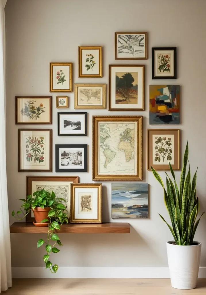 Framed vintage prints and art pieces hanging on a light-colored wall, paired with a few houseplants for a relaxed vibe.