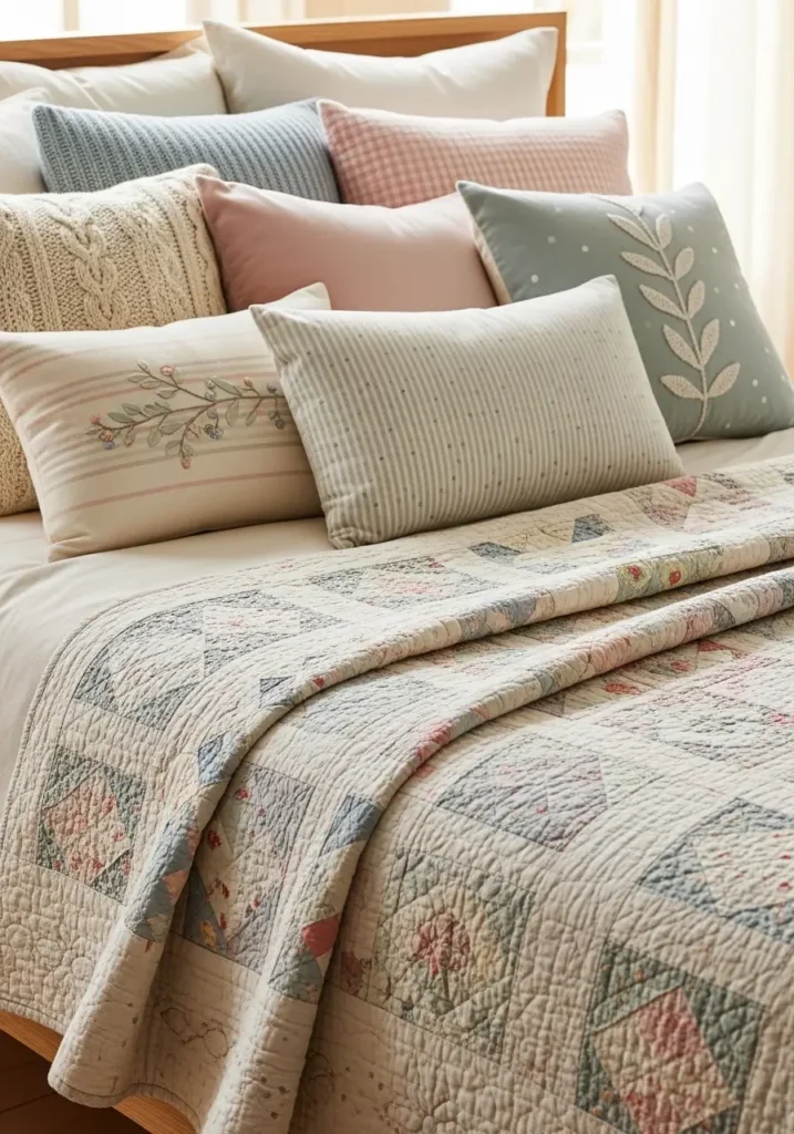 A soft, pastel-colored vintage quilt on a bed, with an array of cozy pillows in various textures and patterns.