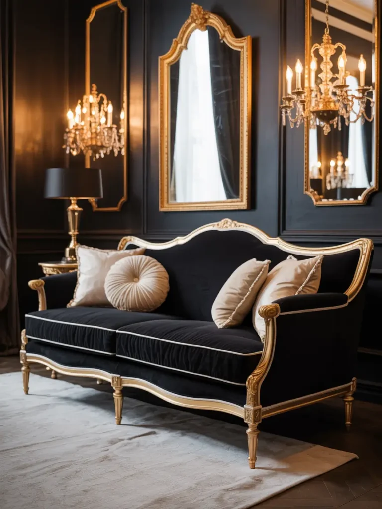 Black furniture with gold detailing, soft lighting, and cozy textured cushions.