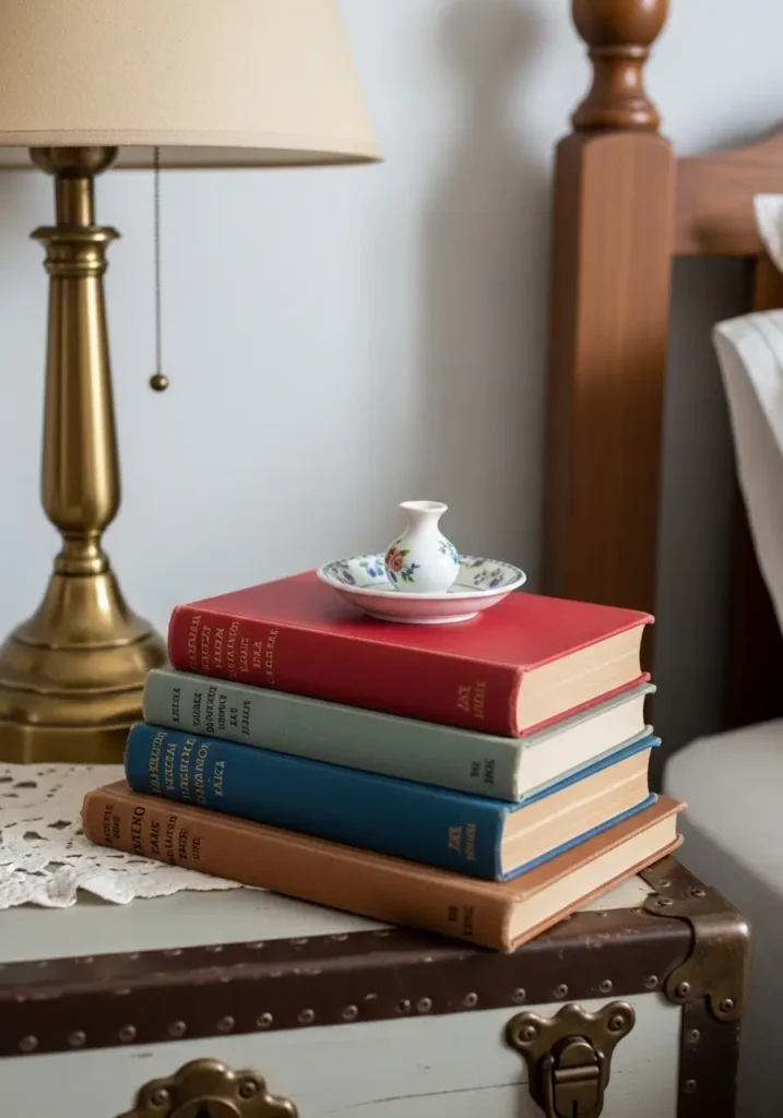 Clean minimal vintage Americana bedroom with small stack of old books on wooden nightstand, brass lamp, white bedding, faded blue quilt, cream walls, simple framed art, woven rug, soft window light, cozy antique country styling, calm feminine mood.
