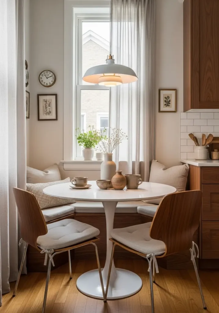 Small retro breakfast nook inside mid century modern apartment kitchen, round tulip table, curved wooden chairs, warm walnut cabinets, cream textured walls, soft pendant lighting, natural sunlight, cozy feminine apartment styling, vintage inspired decor, muted earthy palette, minimal table styling, realistic interior photography, calm and uncluttered atmosphere, soft linen curtains, compact apartment kitchen with warm retro charm