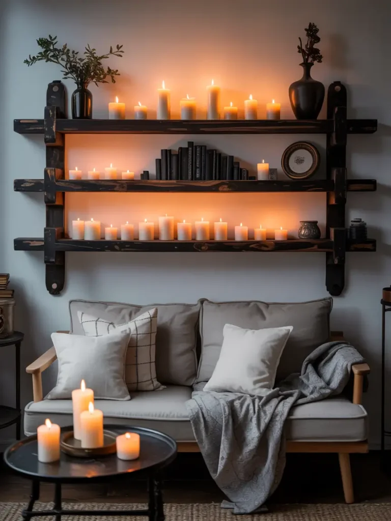 Vintage wooden shelves, dark candles, and cozy seating in a minimalist, airy space.