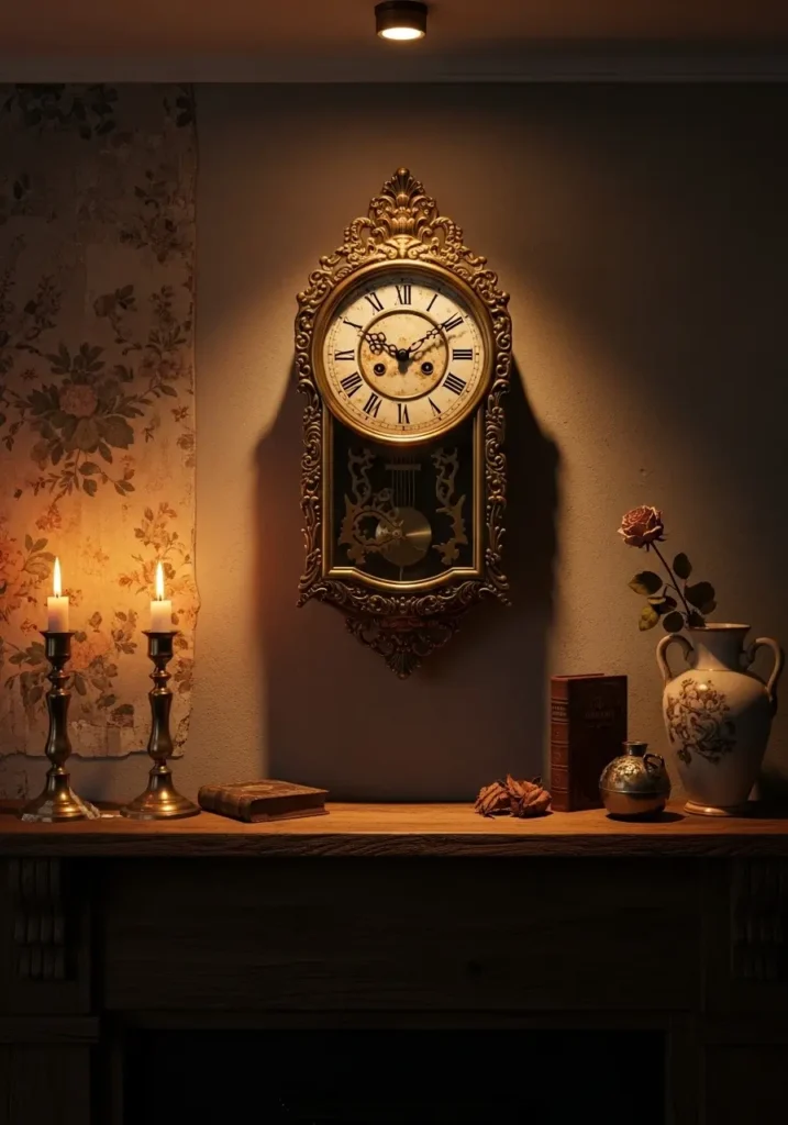 An old-fashioned brass wall clock with Roman numerals hanging above a mantelpiece, with soft lighting creating a nostalgic atmosphere.