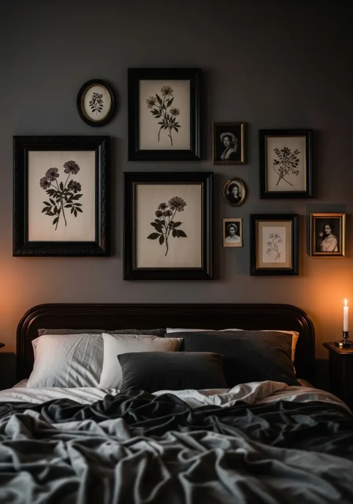 Minimal romantic goth bedroom with vintage dark picture frames, black walls, warm soft lighting, elegant gothic artwork, cozy layered bedding, antique decor details, dark feminine bedroom aesthetic, clean minimal styling, soft candle glow, charcoal textures, realistic romantic interior for couples, subtle dramatic atmosphere, intimate cozy mood

