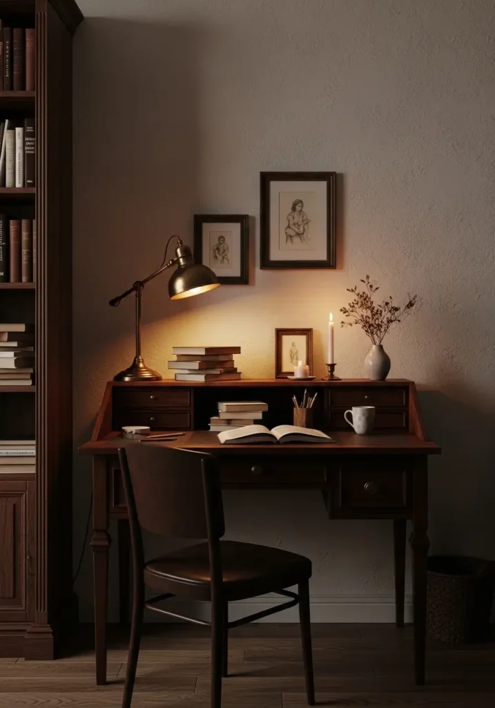 Dark academia apartment workspace with vintage wooden writing desk, warm brass desk lamp, stacked old books, cream textured walls, dark brown chair, candlelight glow, minimal feminine styling, antique framed sketches, cozy moody apartment atmosphere, soft amber lighting, realistic wood textures, warm earthy tones, clean uncluttered workspace with old library feeling and elegant apartment decor

