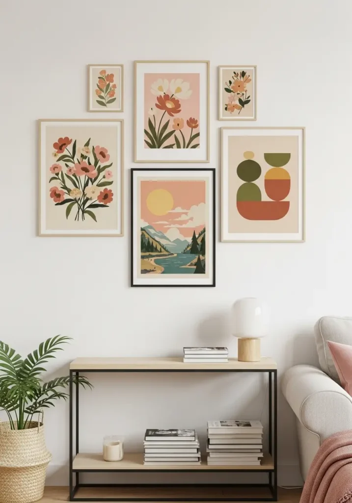 Small retro apartment wall nook with three framed vintage prints, soft cream background, slim wooden console table, tiny lamp, stacked books, small ceramic vase, clean minimal layout, warm cozy feminine apartment style.