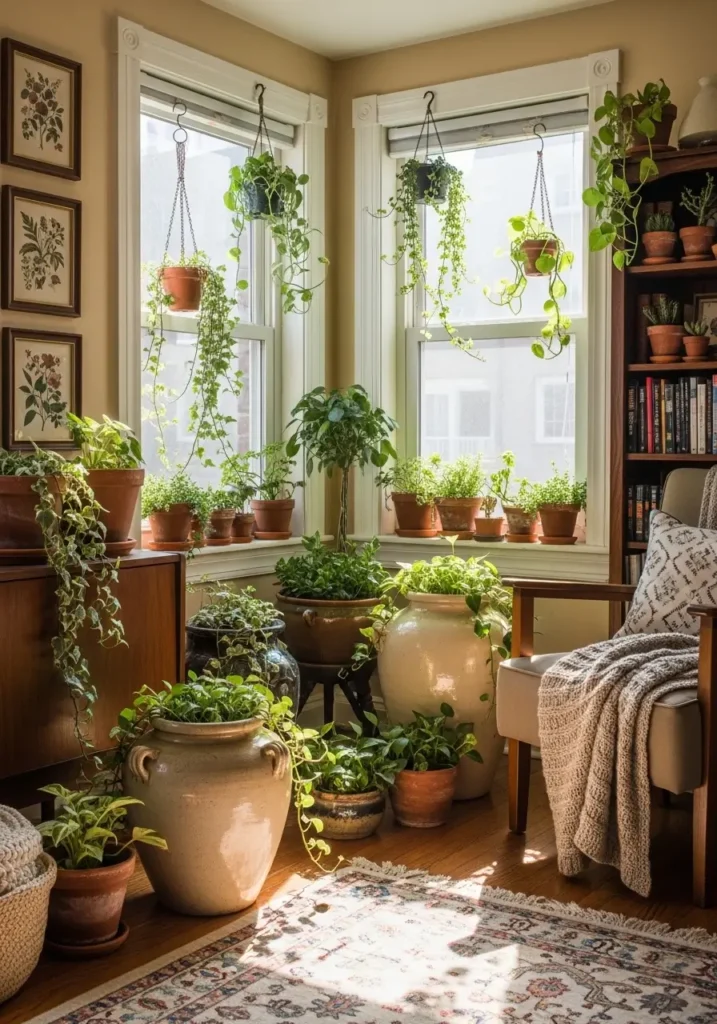 A collection of vintage planters in various sizes, with lush greenery spilling out, placed throughout a cozy apartment.