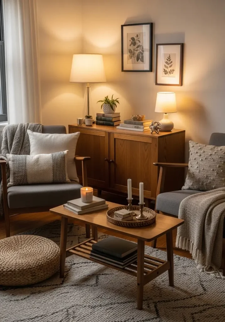 Vintage inspired college apartment living room with soft neutral colors, thrifted wooden furniture, cozy cream armchair, warm lamp lighting, tiny framed artwork, feminine minimal styling, textured rug, books stacked neatly, calm student apartment vibe, realistic interior photography, airy layout, soft sunlight through curtains, cozy nostalgic atmosphere, clean minimal decor, warm earthy tones

