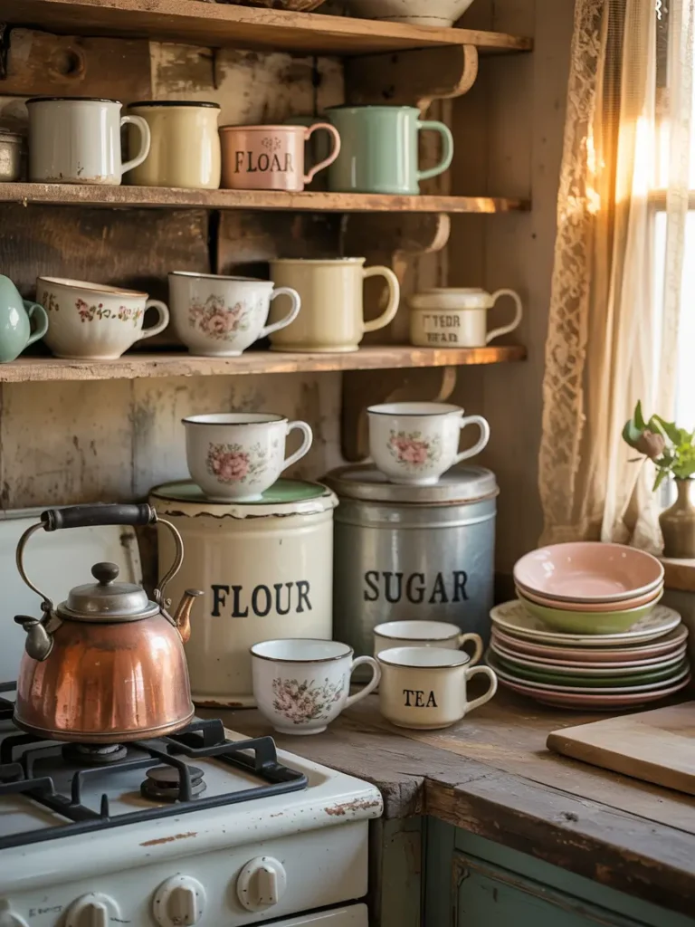 Classic enamel mugs, a rustic wooden cutting board, and vintage-style canisters lined up on a kitchen counter.
