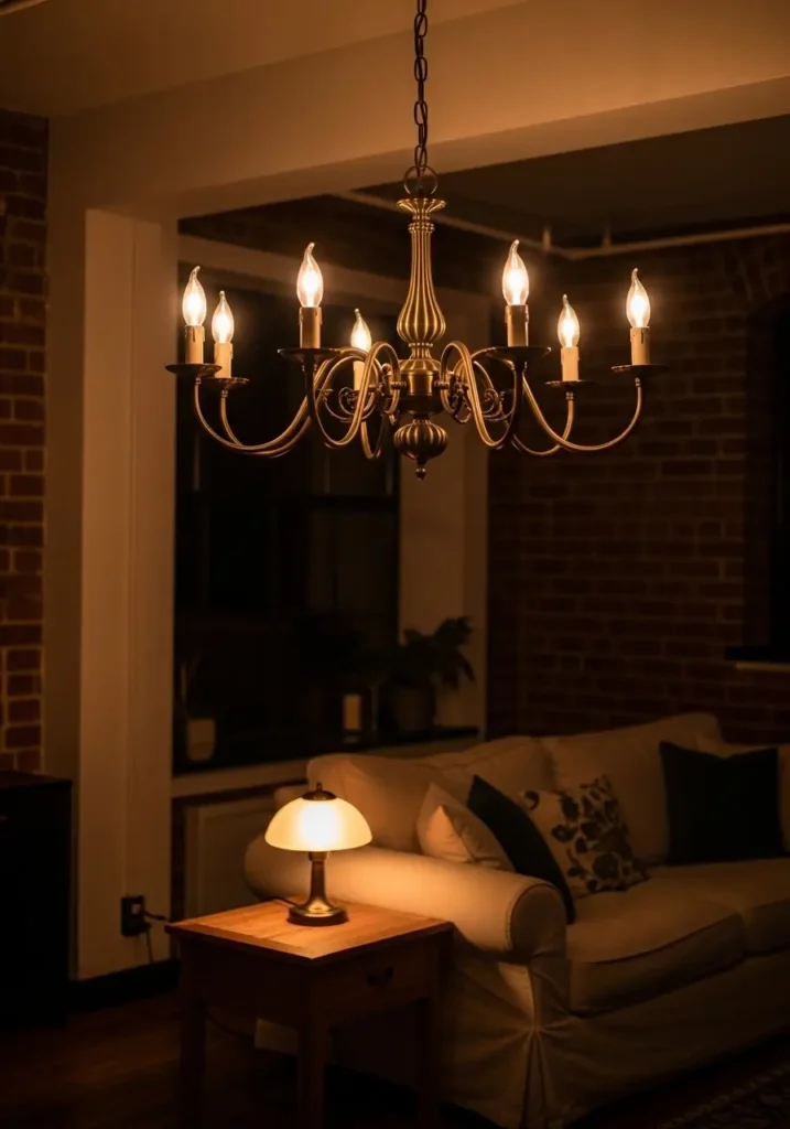 A vintage chandelier with brass accents, paired with small table lamps with warm, soft bulbs creating a gentle glow across a cozy apartment.