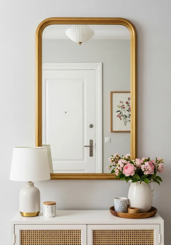 Small retro apartment entryway with vintage mirror wall decor, warm gold frame, cream walls, tiny wooden console table, soft beige runner rug, minimal feminine styling, warm natural light, clean uncluttered layout, nostalgic apartment decor, cozy retro atmosphere, realistic editorial interior photography, calm elegant small space