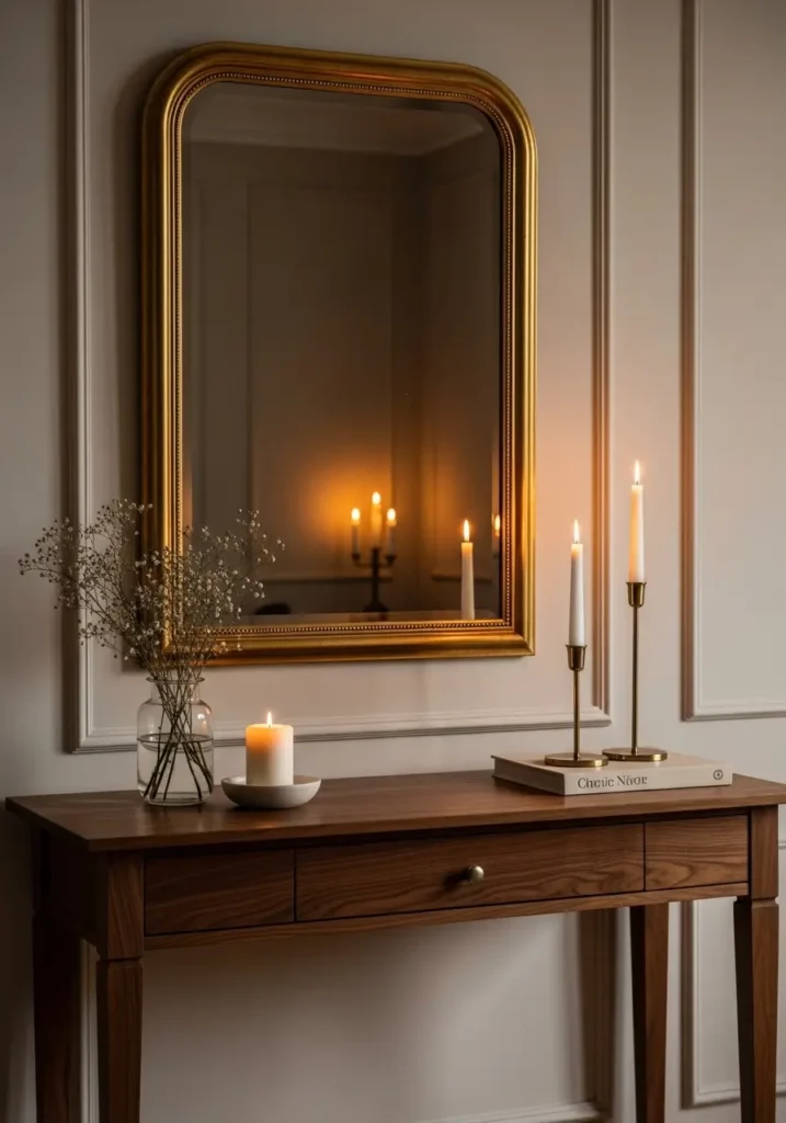 Dark academia apartment wall with vintage gold mirror, warm candlelight reflections, walnut wood console table, soft cream walls, antique decor styling, cozy feminine apartment atmosphere, warm earthy tones, realistic vintage textures, elegant moody lighting, minimal apartment decor with old European inspired details and calm peaceful mood

