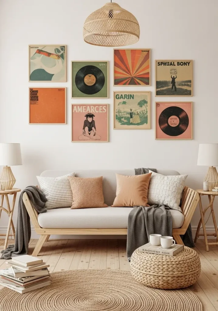 Minimal retro apartment living room with cream walls, vintage vinyl record wall art in thin oak frames, warm beige sofa, soft brown throw blanket, tiny wooden side table, muted orange and olive green tones, natural daylight through sheer curtains, cozy feminine apartment styling, clean layout, calm vintage atmosphere, small apartment corner, minimal decor, soft textures, retro mood, tidy space, warm lighting, subtle nostalgic details, realistic editorial interior photography style