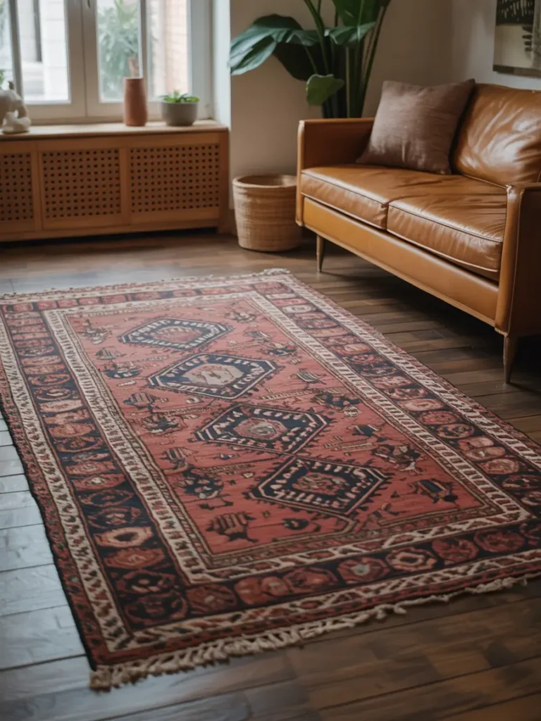 A soft, patterned vintage rug in warm tones, laid on wooden floors, bringing texture and warmth to the living room.