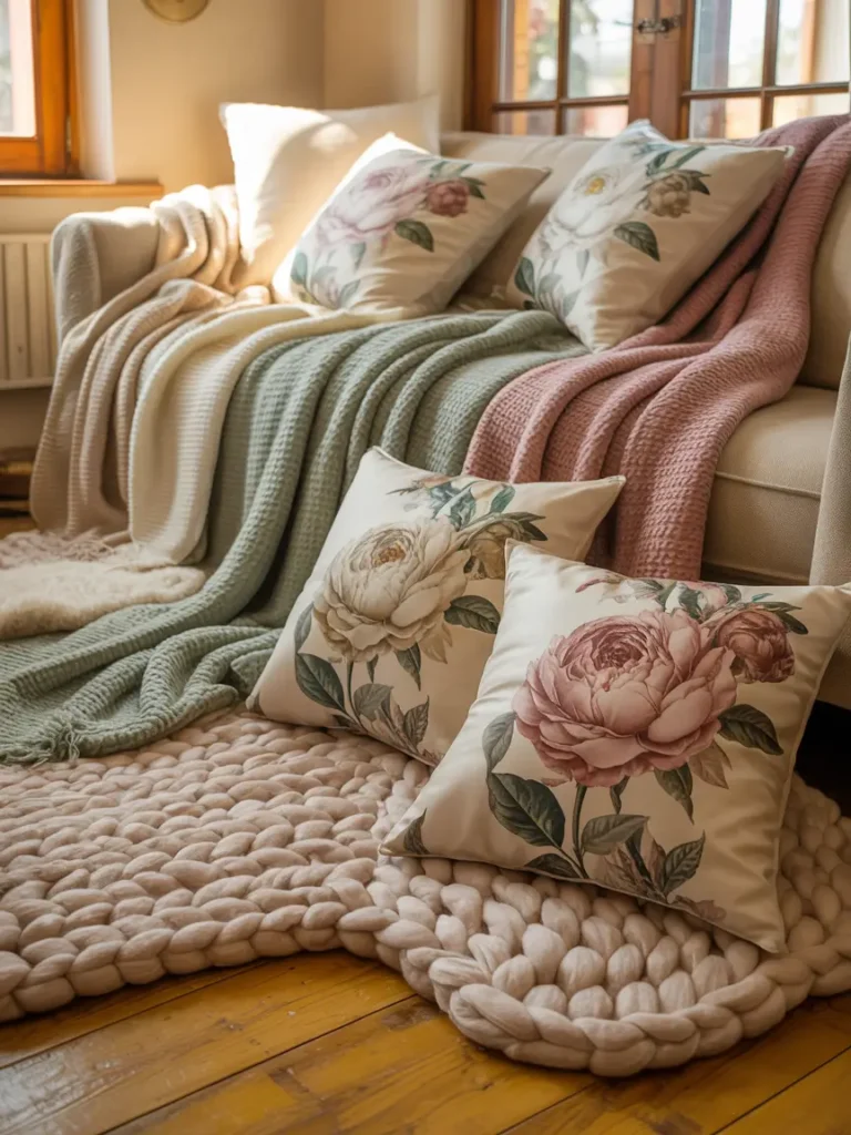 Layered throw blankets, floral-patterned cushions, and a soft wool rug on wooden floors, creating a soft, cozy ambiance.