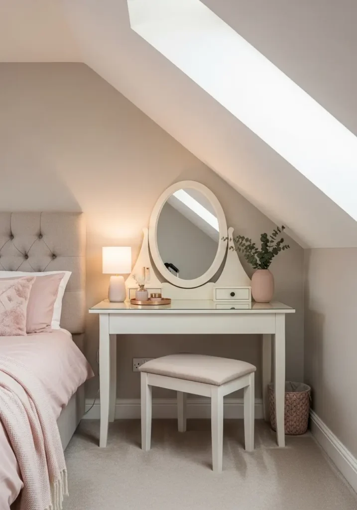 Minimal attic bedroom with a small vintage style vanity table under a sloped ceiling, round mirror, soft cream stool, white bedding, blush throw, warm table lamp, pale wood floor, delicate ceramic tray, tiny flower vase, clean feminine small apartment mood with cozy romantic styling.
