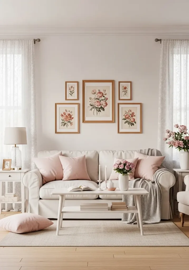 Clean minimal grandma core living room with a small gallery wall of vintage floral prints, soft cream sofa, pale pink cushions, warm wooden frames, simple coffee table, lace curtains, beige rug, fresh flowers, gentle natural light, feminine vintage charm, uncluttered cozy room styling with soft nostalgic mood.