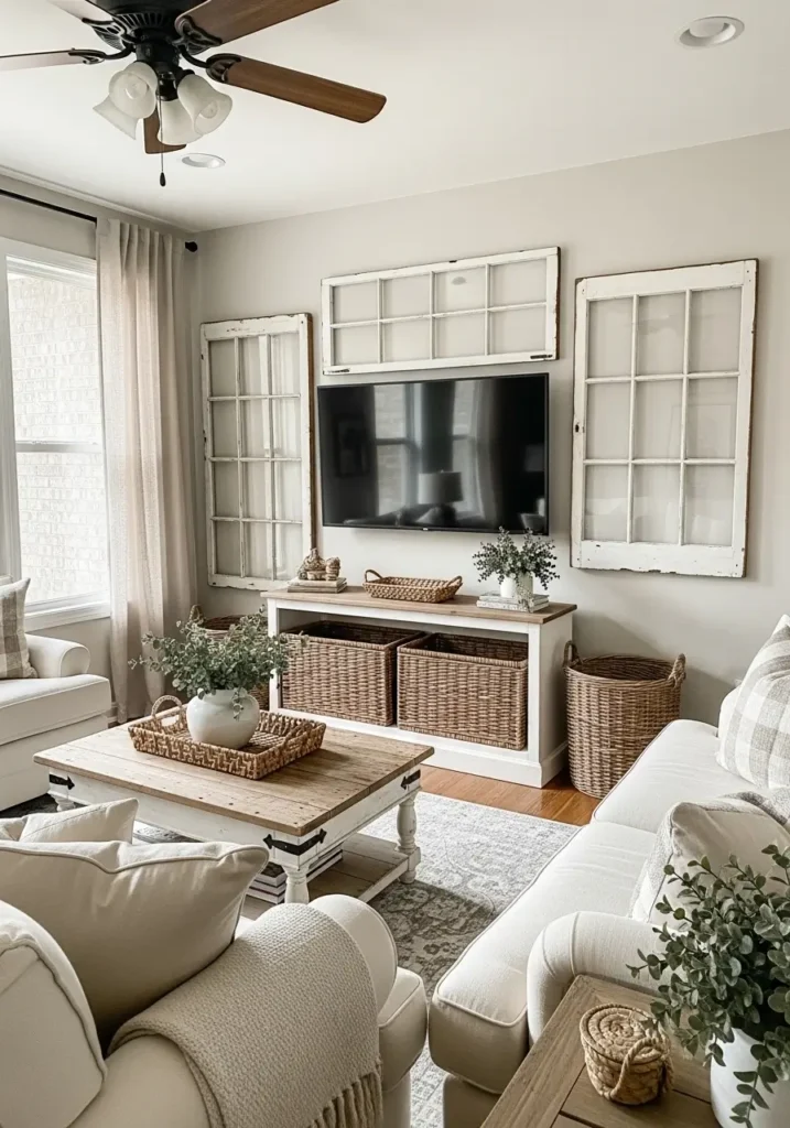 Farmhouse living room with vintage window frames around mounted TV, soft cream sectional sofa, distressed wood coffee table, woven baskets, muted beige rug, airy linen curtains, rustic white walls, warm natural lighting, minimal country decor, realistic farmhouse interior photography, cozy layered textures, subtle greenery, calm neutral palette, elegant rustic charm, uncluttered family room styling, peaceful inviting atmosphere, warm wood flooring

