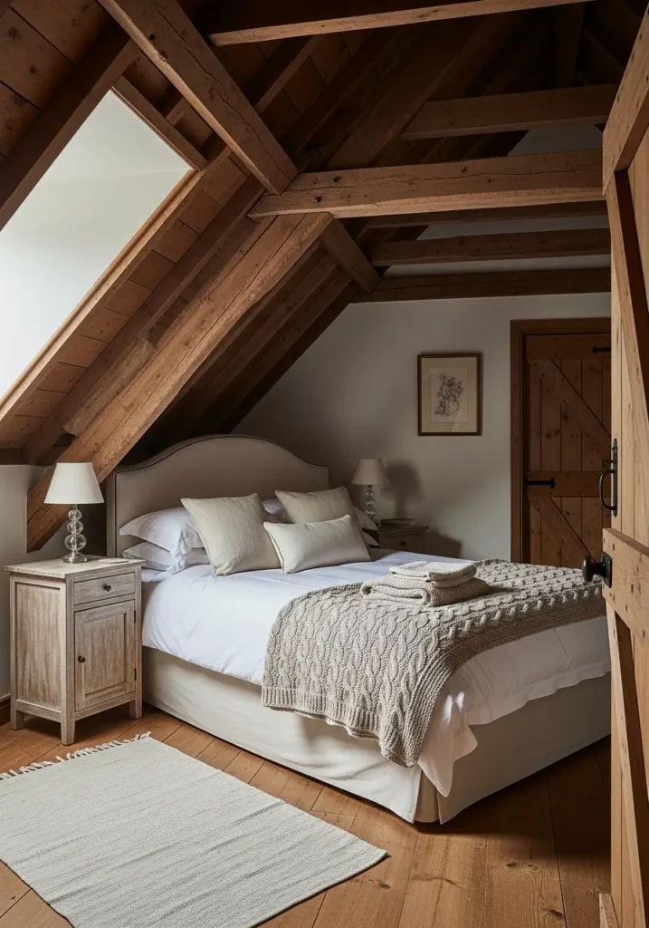Warm slanted roof cottage bedroom with exposed vintage wooden ceiling beams, rustic oak furniture, soft cream bedding, antique side table, warm glowing bedside lamp, natural wood flooring, cozy attic bedroom styling, minimal feminine decor, knitted blanket folded on bed, small framed art, calming neutral palette, cottagecore interior mood, clean rustic elegance, soft afternoon sunlight, airy attic space, realistic textures, inviting warm atmosphere, uncluttered cozy design, timeless countryside bedroom aesthetic

