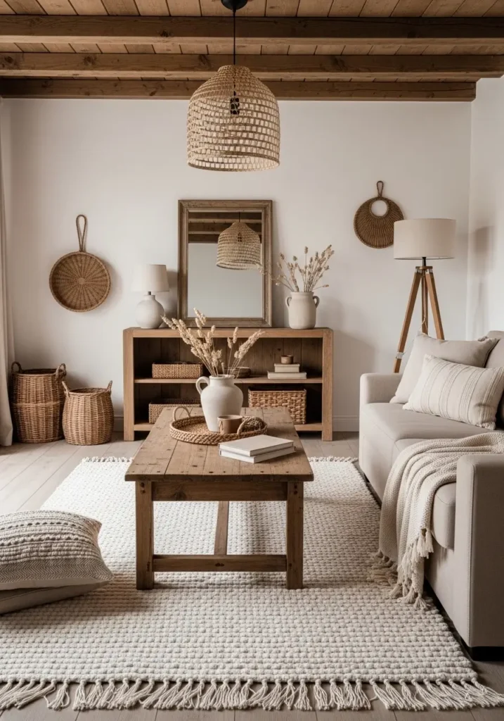 Minimal rustic farmhouse living room with vintage reclaimed wood furniture, distressed coffee table, warm oak shelving, cozy beige sofa, cream textured rug, soft ambient lighting, antique farmhouse decor, woven baskets, warm neutral tones, natural materials, rustic wooden ceiling beams, layered soft textiles, clean farmhouse styling, peaceful cozy atmosphere, realistic interior photography, airy room layout, feminine rustic decor, calm earthy color palette