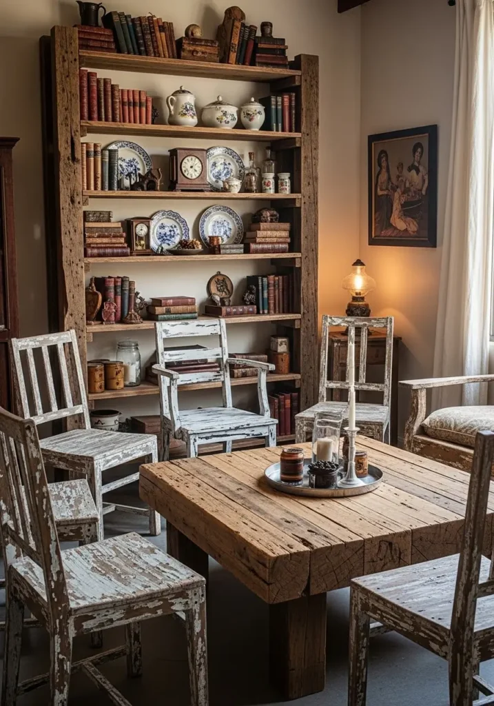 Distressed wooden chairs, a reclaimed wood coffee table, and a rustic bookshelf filled with vintage knick-knacks.