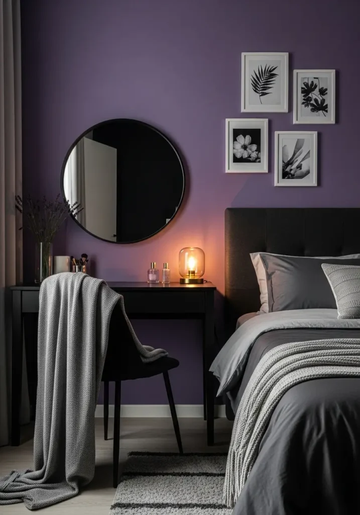 Clean minimal goth apartment vanity corner with deep violet wall, black table, round mirror, soft lavender chair cushion, warm lamp glow, simple glass perfume bottles, dark curtains, cream floor rug, smooth shadows, feminine cozy styling with calm gothic mood.