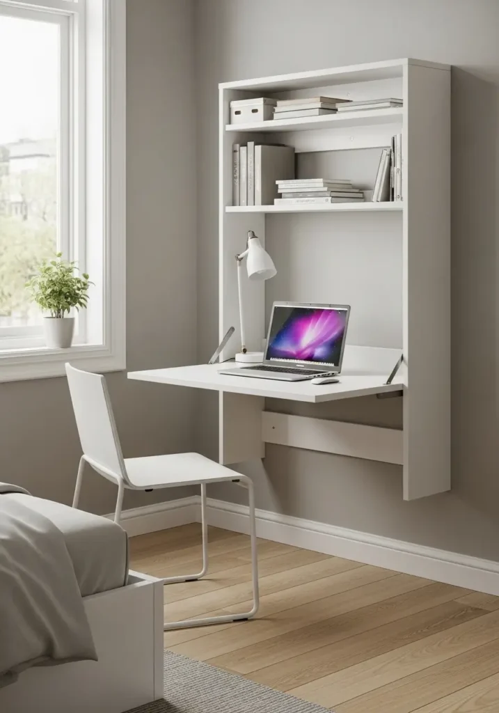 Clean small studio apartment with a wall mounted white desk folded down, slim chair, soft beige wall, tiny shelf above, warm table lamp, neutral notebook, pale oak flooring, sheer curtains, minimal feminine work corner, bright realistic interior photography.