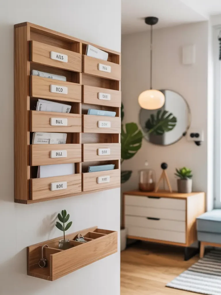 Modern apartment entryway with wall-mounted wooden mail organizer, labeled slots for letters and bills, small key tray underneath, minimal decor with tiny potted plant, bright airy space, functional and stylish design.
