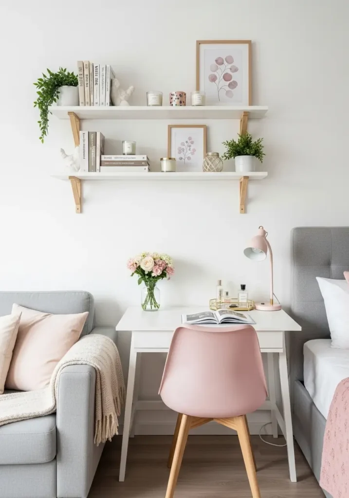 Clean minimal studio apartment wall with floating white shelves above a small cream sofa, styled with neutral books, tiny plants, ceramic vases, soft framed art, warm daylight, beige curtains, pale wood flooring, feminine clutter free decor, realistic airy interior style.
